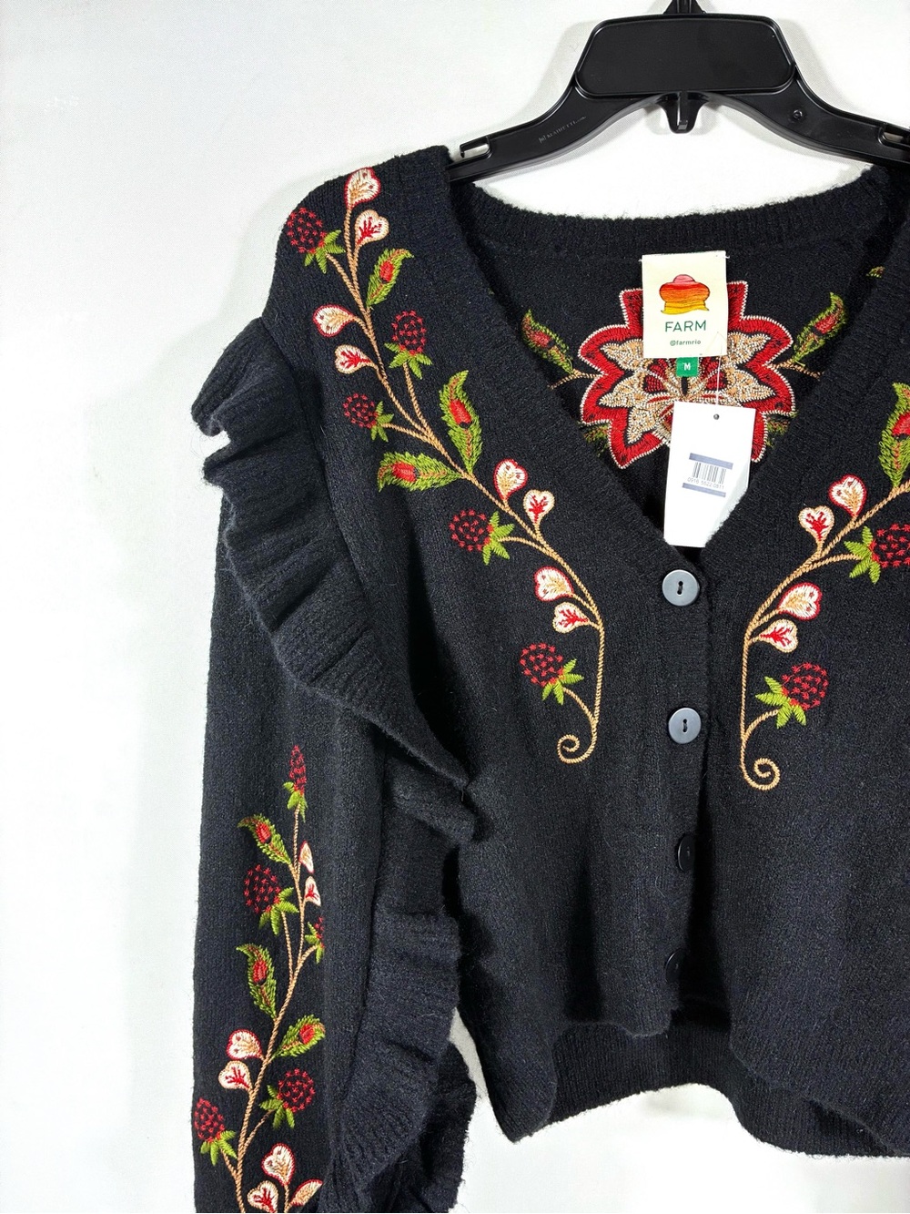 Farm Rio Berry Embroidered Ruffle Cardigan Black Medium NEW - Picture 10 of 16